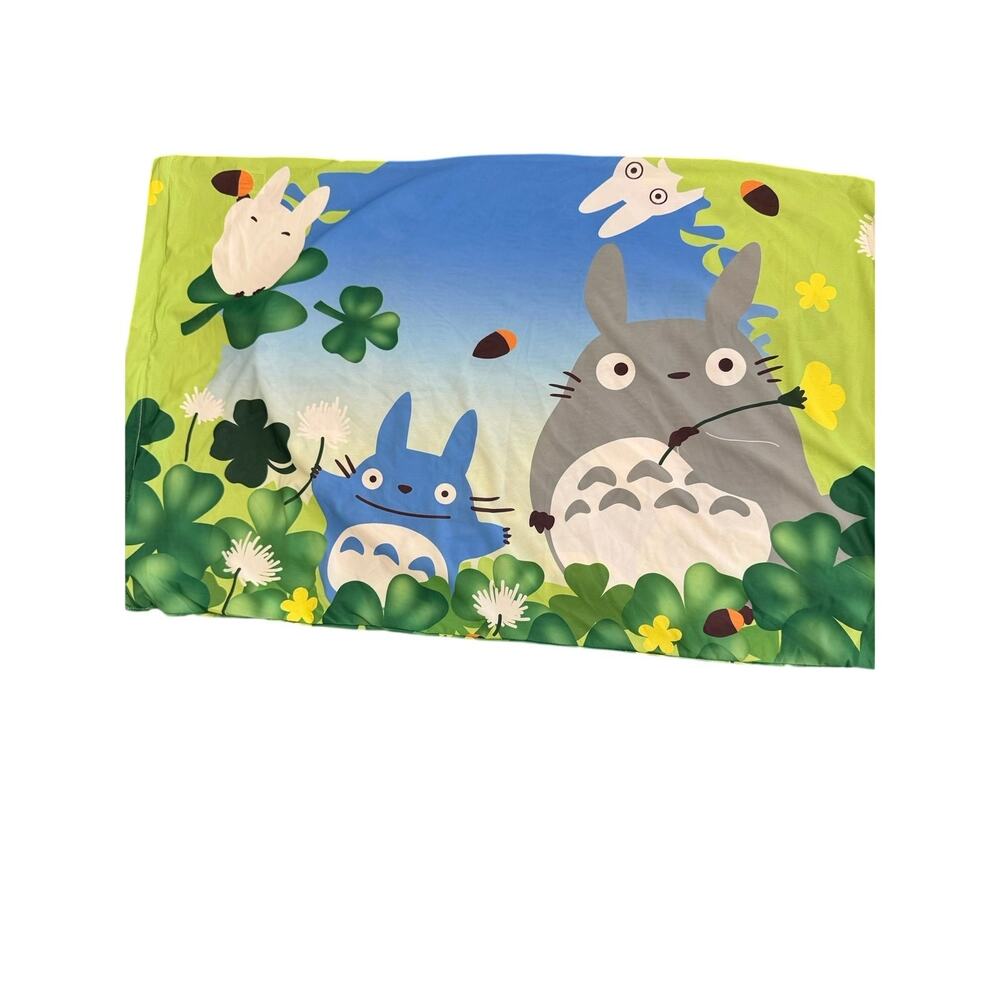 Totoro cooling pillowcase with zipper  gray and blue Totoro  yellow flowers